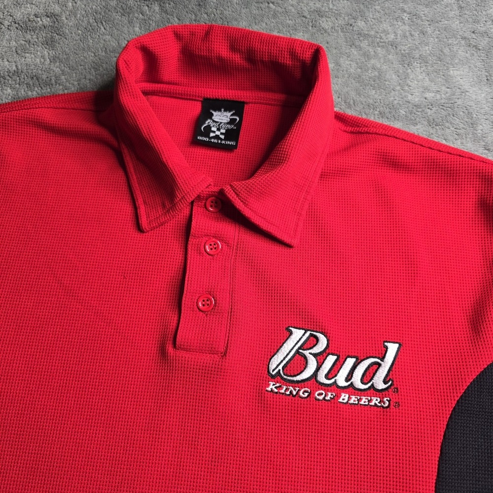 Vintage Bud King Of Beers Polo Mens Large Red Black S/S Logo Crown